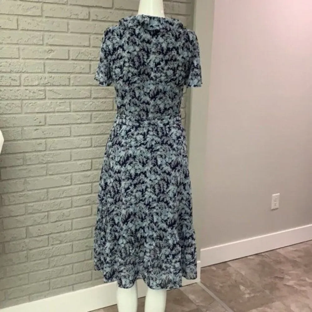 Michael Kors Women Blue Floral Flutter Sleeve Wrap Dress Size S